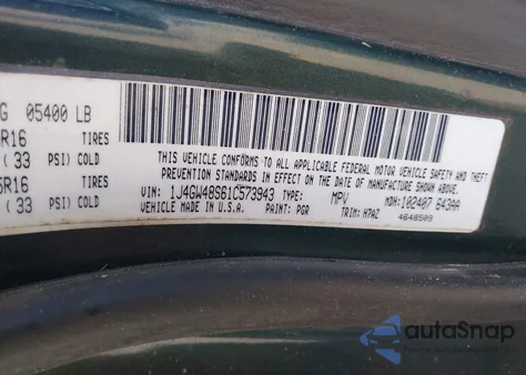 2001 Jeep Grand Cherokee Laredo z USA, uszkodzony, nr VIN 1J4GW48S61C573943